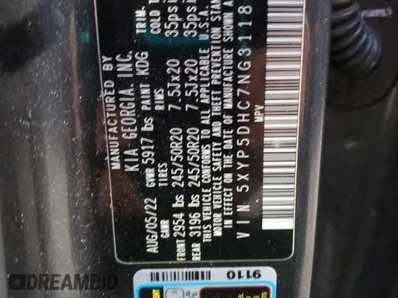 ✅ 2022 Kia Telluride SX • VIN: 5XYP5DHC7NG311884 • Лот: 85547975. Опубликован ранее на Copart с пробегом 35 545 миль. Бесплатный доступ к архиву аукционных продаж из США и подробный отчёт об истории автомобиля на DreamBid. Изображение 13.