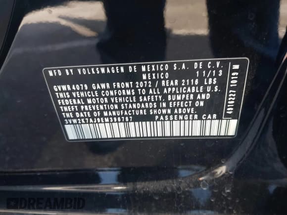 ✅ 2014 Volkswagen Jetta S • VIN: 3VW2K7AJ9EM396787 • Лот: 43606530. Опубликован ранее на IAAI с пробегом 67 523 миль. Бесплатный доступ к архиву аукционных продаж из США и подробный отчёт об истории автомобиля на DreamBid. Изображение 9.