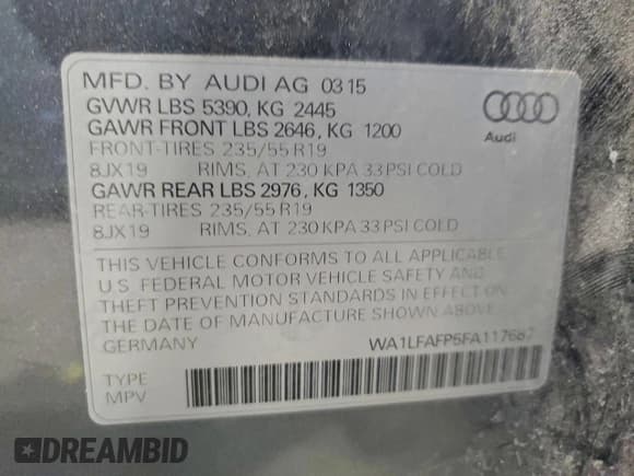 ✅ 2015 Audi Q5 Premium Plus • VIN: WA1LFAFP5FA117687 • Lot: 96314625. Listed on Copart with 205,471 mi. Free auction sales archive from the USA and detailed vehicle history report at DreamBid. Image 13.