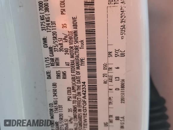 ✅ 2016 Ford F-150 Platinum • VIN: 1FTEW1EG7GFA42334 • Лот: 85666795. Опубликован ранее на Copart с пробегом 117 230 миль. Бесплатный доступ к архиву аукционных продаж из США и подробный отчёт об истории автомобиля на DreamBid. Изображение 12.