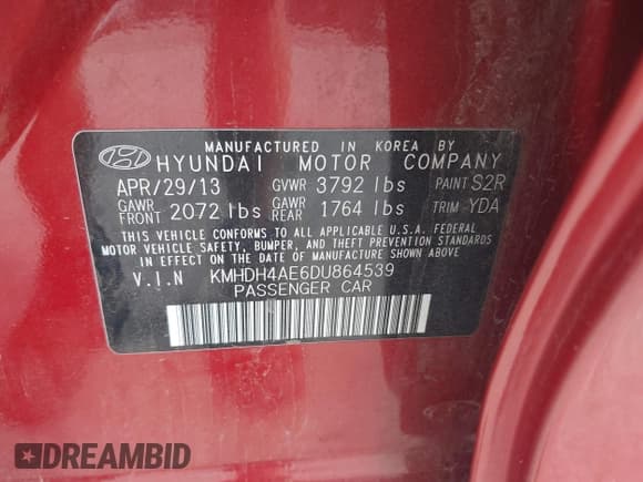 ✅ 2013 Hyundai Elantra GLS • VIN: KMHDH4AE6DU864539 • Lot: 42601400. Listed on IAAI with 184,779 mi. Free auction sales archive from the USA and detailed vehicle history report at DreamBid. Image 9.