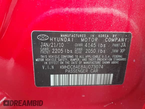 2010 Hyundai Elantra GLS with VIN KMHDC8AE8AU073074, listed as a IAAI auction lot 42836283 with 75,828 mi miles and . Bid and sale history available at DreamBid. Image 9.