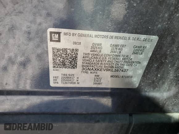 2019 Chevrolet Equinox LT with VIN 3GNAXKEV9KL167437, listed as a Copart auction lot 71418015 with 133,739 mi miles and Salvage title. Bid and sale history available at DreamBid. Image 13.