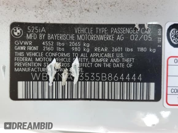 ✅ 2005 BMW 5 Series 525i • VIN: WBANA53535B864444 • Lot: 57394325. Listed on Copart with 183,505 mi. Free auction sales archive from the USA and detailed vehicle history report at DreamBid. Image 12.