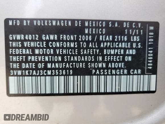 ✅ 2012 Volkswagen Jetta S • VIN: 3VW1K7AJ3CM353619 • Lot: 53984285. Listed on Copart with 132,382 mi. Free auction sales archive from the USA and detailed vehicle history report at DreamBid. Image 12.