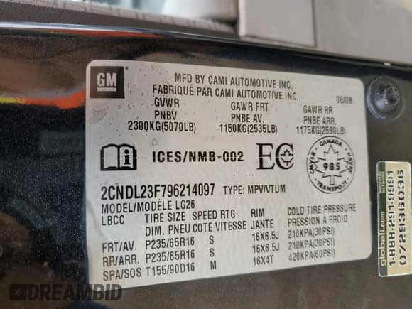 2009 Chevrolet Equinox LS z VIN 2CNDL23F796214097, wystawiony jako Copart lot #78265634 z przebiegiem 226 303 mil mil oraz Szkoda całkowita • Salvage title. Historia ofert i sprzedaży dostępna na DreamBid. Obrazek 13.