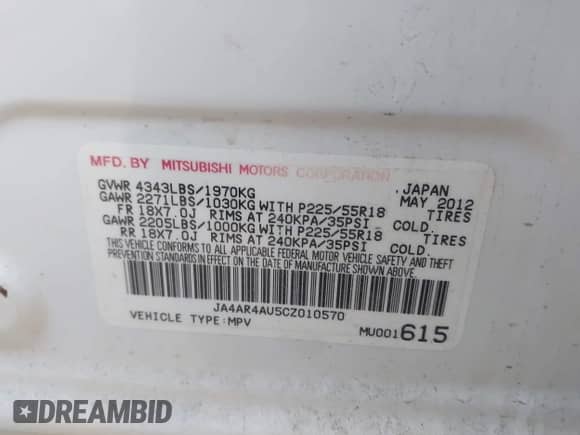 2012 Mitsubishi Outlander SE с VIN JA4AR4AU5CZ010570, выставлен на аукционе IAAI как лот 43511791 с пробегом 111 628 миль миль и . История ставок и продаж доступна на DreamBid. Изображение 9.