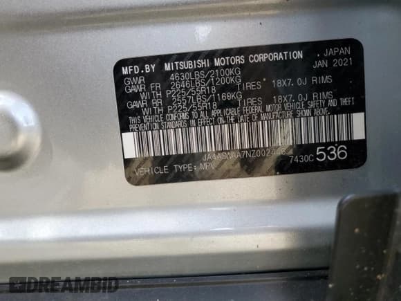 ✅ 2022 Mitsubishi Eclipse Cross SE • VIN: JA4ASWAA7NZ002446 • Lot: 66563365. Listed on Copart with 64,771 mi. Free auction sales archive from the USA and detailed vehicle history report at DreamBid. Image 14.