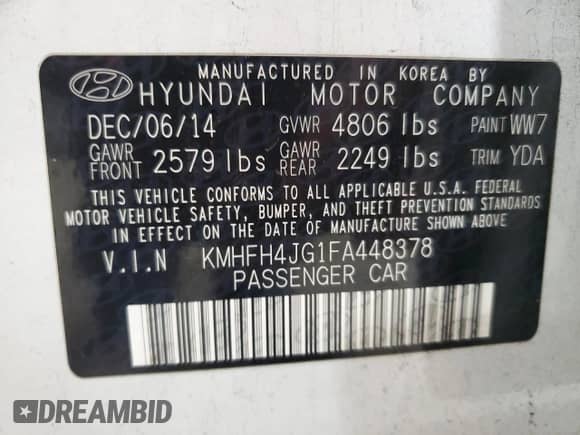 2015 Hyundai Azera Limited с VIN KMHFH4JG1FA448378, выставлен на аукционе Copart как лот 76099764 с пробегом 117 489 миль миль и Списание • Salvage title. История ставок и продаж доступна на DreamBid. Изображение 12.