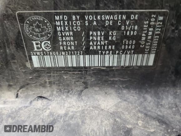 ✅ 2018 Volkswagen Golf S • VIN: 3VWG17AU6JM271727 • Lot: 86751484. Listed on Copart with 114,845 mi. Free auction sales archive from the USA and detailed vehicle history report at DreamBid. Image 12.