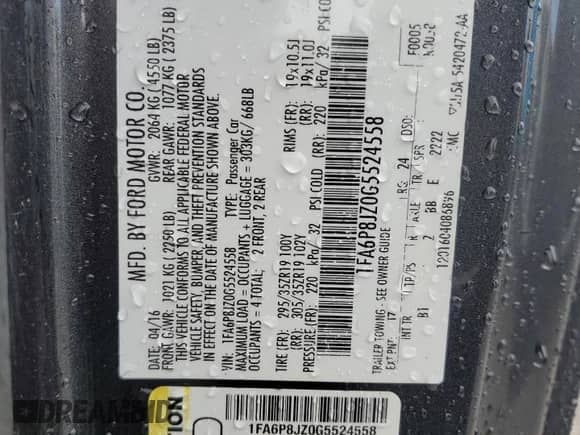 ✅ 2016 Ford Mustang Shelby GT350 • VIN: 1FA6P8JZ0G5524558 • Lot: 84953805. Listed on Copart with 58,992 mi. Free auction sales archive from the USA and detailed vehicle history report at DreamBid. Image 13.