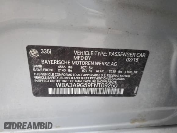 ✅ 2015 BMW 3 Series 335i • VIN: WBA3A9G59FNT09250 • Lot: 87480605. Wystawiony na Copart z przebiegiem 89 974 mil. Bezpłatny archiwum sprzedaży aukcyjnych z USA i szczegółowy raport historii pojazdu na DreamBid. Zdjęcie 12.