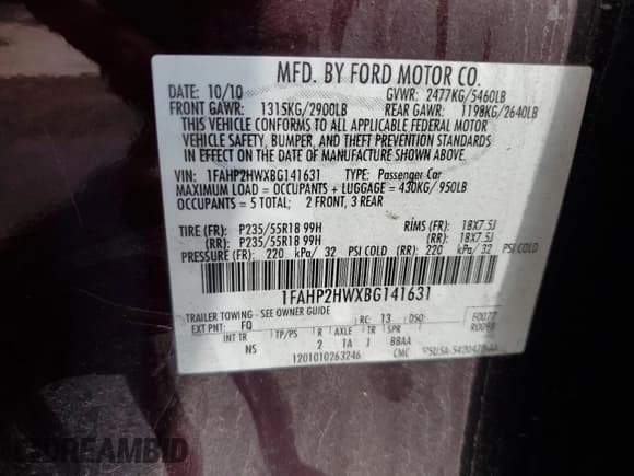 ✅ 2011 Ford Taurus SEL • VIN: 1FAHP2HWXBG141631 • Lot: 65570885. Wystawiony na Copart z przebiegiem Nie podano. Bezpłatny archiwum sprzedaży aukcyjnych z USA i szczegółowy raport historii pojazdu na DreamBid. Zdjęcie 12.