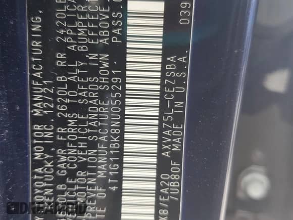 2022 Toyota Camry SE with VIN 4T1G11BK8NU055291, listed as a Copart auction lot 67457885 with Not provided miles and Non repairable. Bid and sale history available at DreamBid. Image 12.