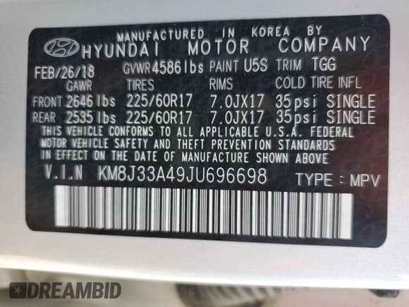 2018 Hyundai Tucson SEL with VIN KM8J33A49JU696698, listed as a Copart auction lot 81082295 with 100,669 mi miles and Salvage title. Bid and sale history available at DreamBid. Image 13.