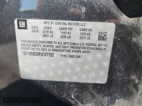 2015 Chevrolet Impala LTZ with VIN 1G1165S30FU127722, listed as a Copart auction lot 85187305 with 162,267 mi miles and Salvage title. Bid and sale history available at DreamBid. Image 12.