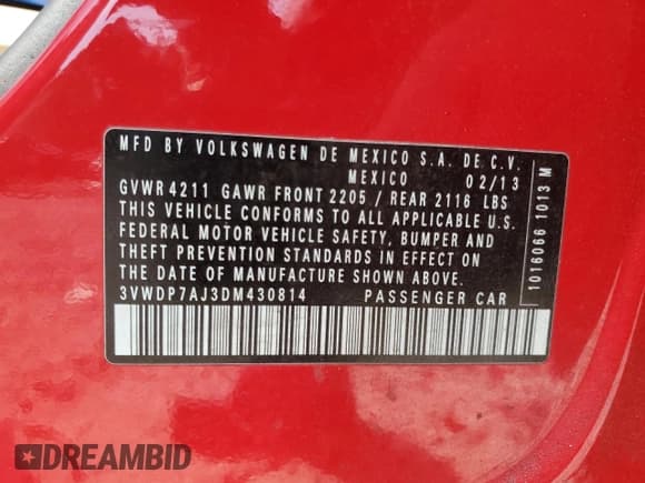 ✅ 2013 Volkswagen Jetta SE • VIN: 3VWDP7AJ3DM430814 • Lot: 71683905. Listed on Copart with 167,036 mi. Free auction sales archive from the USA and detailed vehicle history report at DreamBid. Image 12.