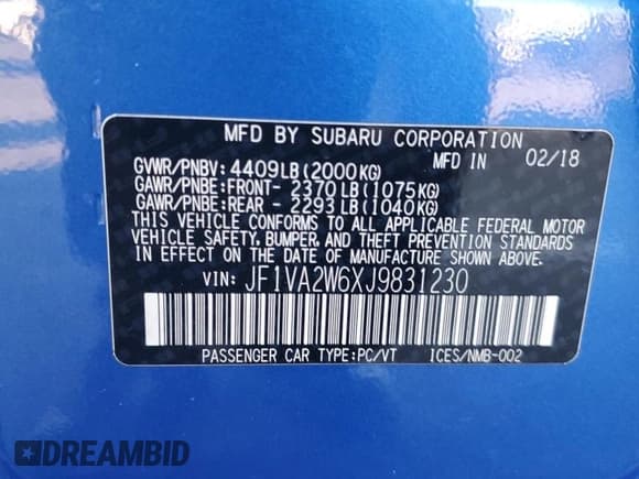 ✅ 2018 Subaru WRX STI Limited • VIN: JF1VA2W6XJ9831230 • Lot: 82170975. Listed on Copart with 52,655 mi. Free auction sales archive from the USA and detailed vehicle history report at DreamBid. Image 13.