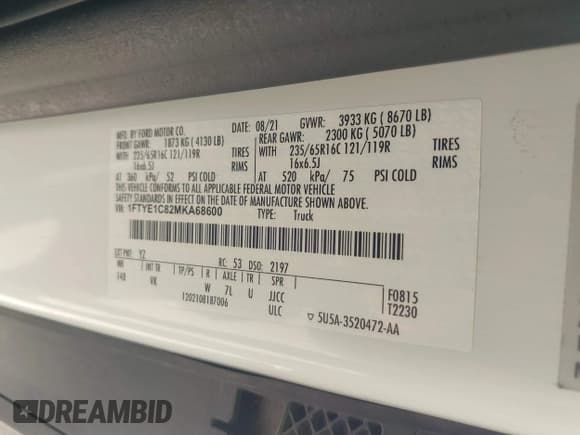 ✅ 2021 Ford Transit Cargo • VIN: 1FTYE1C82MKA68600 • Лот: 43367001. Опубликован ранее на IAAI с пробегом 27 981 миль. Бесплатный доступ к архиву аукционных продаж из США и подробный отчёт об истории автомобиля на DreamBid. Изображение 9.