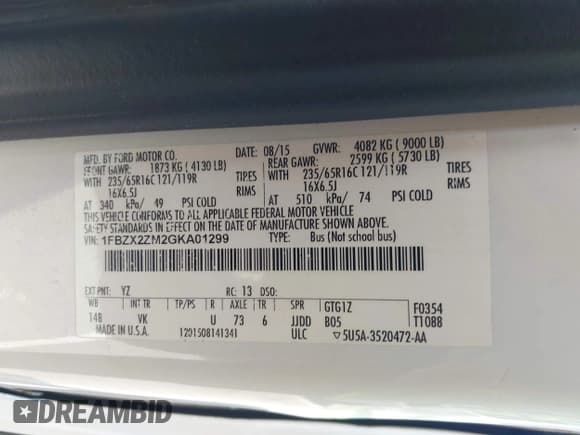 ✅ 2016 Ford Transit XL • VIN: 1FBZX2ZM2GKA01299 • Lot: 42590732. Wystawiony na IAAI z przebiegiem 219 058 mil. Bezpłatny archiwum sprzedaży aukcyjnych z USA i szczegółowy raport historii pojazdu na DreamBid. Zdjęcie 9.