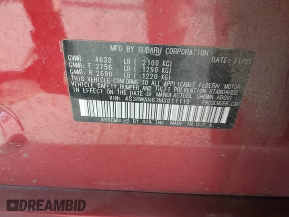 ✅ 2021 Subaru Legacy Limited • VIN: 4S3BWAN63M3011119 • Лот: 42498379. Опубликован ранее на IAAI с пробегом 104 363 миль. Бесплатный доступ к архиву аукционных продаж из США и подробный отчёт об истории автомобиля на DreamBid. Изображение 9.