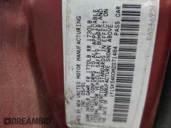 ✅ 1991 Geo Prizm • VIN: 1Y1SK5460MZ071484 • Lot: 59295415. Listed on Copart with 191,172 mi. Free auction sales archive from the USA and detailed vehicle history report at DreamBid. Image 12.