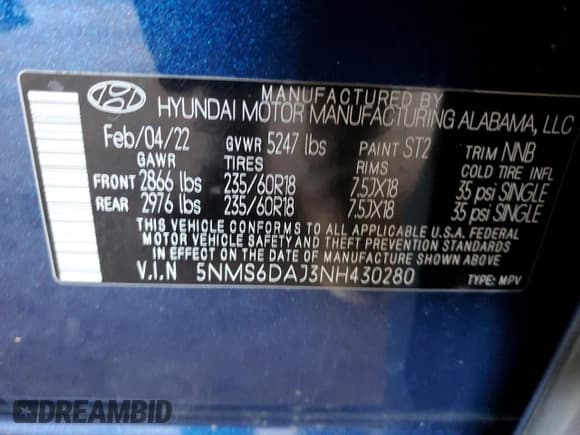 ✅ 2022 Hyundai Santa Fe SEL • VIN: 5NMS6DAJ3NH430280 • Лот: 87082845. Опубликован ранее на Copart с пробегом 41 886 миль. Бесплатный доступ к архиву аукционных продаж из США и подробный отчёт об истории автомобиля на DreamBid. Изображение 12.