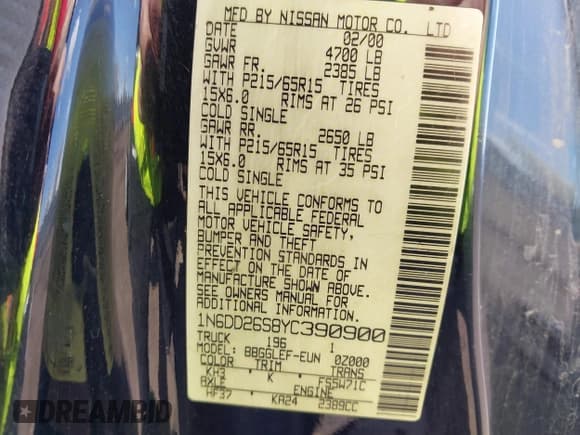 ✅ 2000 Nissan Frontier XE • VIN: 1N6DD26S8YC390900 • Lot: 39158710. Listed on IAAI with 235,840 mi. Free auction sales archive from the USA and detailed vehicle history report at DreamBid. Image 9.