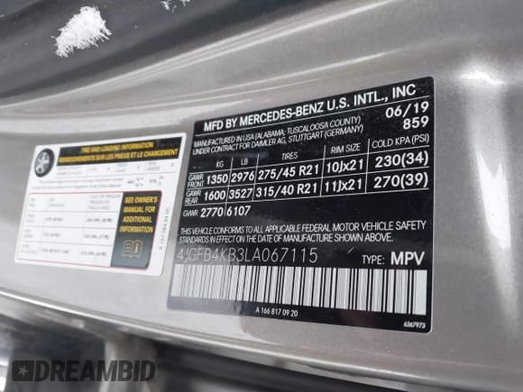 ✅ 2020 Mercedes-Benz GLE 350 • VIN: 4JGFB4KB3LA067115 • Lot: 43531119. Listed on IAAI with 43,327 mi. Free auction sales archive from the USA and detailed vehicle history report at DreamBid. Image 9.