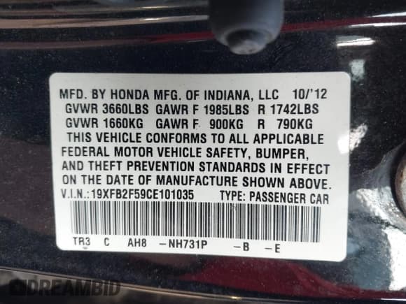 ✅ 2012 Honda Civic LX • VIN: 19XFB2F59CE101035 • Lot: 43631982. Listed on IAAI with 150,223 mi. Free auction sales archive from the USA and detailed vehicle history report at DreamBid. Image 9.