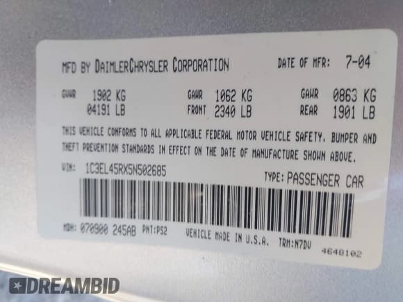 ✅ 2005 Chrysler Sebring • VIN: 1C3EL45RX5N502685 • Lot: 41764508. Listed on IAAI with 161,690 mi. Free auction sales archive from the USA and detailed vehicle history report at DreamBid. Image 9.