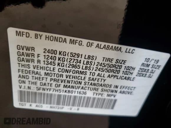 ✅ 2019 Honda Passport EX-L • VIN: 5FNYF7H51KB011636 • Lot: 71486995. Listed on Copart with 42,723 mi. Free auction sales archive from the USA and detailed vehicle history report at DreamBid. Image 12.
