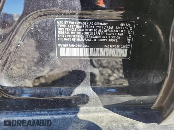 ✅ 2013 Volkswagen CC R-Line • VIN: WVWBP7AN4DE510562 • Lot: 82772535. Listed on Copart with Not provided. Free auction sales archive from the USA and detailed vehicle history report at DreamBid. Image 12.