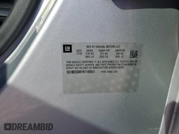 ✅ 2017 Chevrolet Cruze LT • VIN: 1G1BE5SM1H7188501 • Lot: 87085355. Listed on Copart with 181,695 mi. Free auction sales archive from the USA and detailed vehicle history report at DreamBid. Image 12.