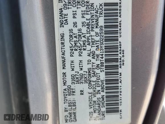 ✅ 2000 Toyota Tundra SR5 • VIN: 5TBBT4413YS022599 • Lot: 82575725. Listed on Copart with 249,766 mi. Free auction sales archive from the USA and detailed vehicle history report at DreamBid. Image 12.