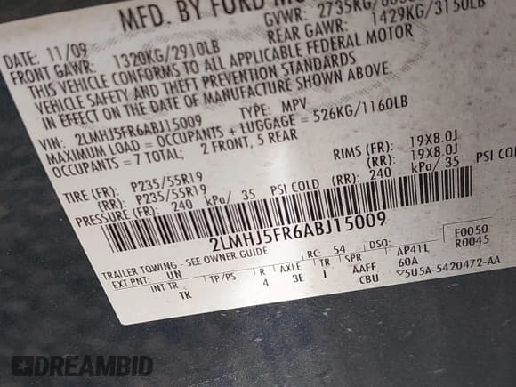 ✅ 2010 Lincoln MKT • VIN: 2LMHJ5FR6ABJ15009 • Lot: 43524648. Wystawiony na IAAI z przebiegiem 179 269 mil. Bezpłatny archiwum sprzedaży aukcyjnych z USA i szczegółowy raport historii pojazdu na DreamBid. Zdjęcie 9.