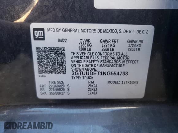 ✅ 2022 GMC Sierra 1500 SLT • VIN: 3GTUUDET1NG554733 • Лот: 87370725. Опубликован ранее на Copart с пробегом 89 042 миль. Бесплатный доступ к архиву аукционных продаж из США и подробный отчёт об истории автомобиля на DreamBid. Изображение 12.