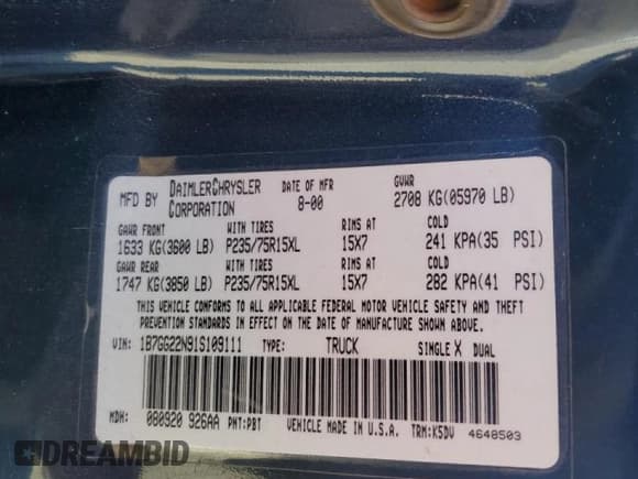 ✅ 2001 Dodge Dakota Sport • VIN: 1B7GG22N91S109111 • Lot: 48365845. Wystawiony na Copart z przebiegiem Nie podano. Bezpłatny archiwum sprzedaży aukcyjnych z USA i szczegółowy raport historii pojazdu na DreamBid. Zdjęcie 12.