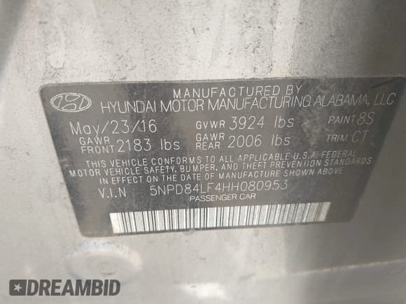 ✅ 2017 Hyundai Elantra SE • VIN: 5NPD84LF4HH080953 • Lot: 43291098. Listed on IAAI with 152,760 mi. Free auction sales archive from the USA and detailed vehicle history report at DreamBid. Image 9.