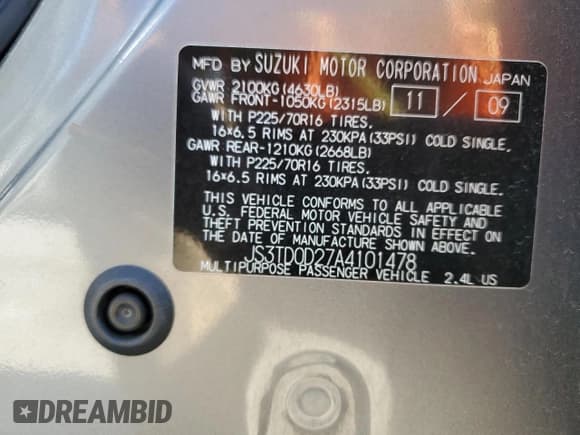 ✅ 2010 Suzuki Grand Vitara Premium • VIN: JS3TD0D27A4101478 • Lot: 74519384. Listed on Copart with 99,146 mi. Free auction sales archive from the USA and detailed vehicle history report at DreamBid. Image 14.