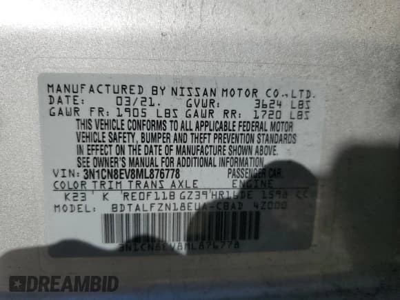 ✅ 2021 Nissan Versa SV • VIN: 3N1CN8EV8ML876778 • Лот: 90653945. Опубликован ранее на Copart с пробегом 90 468 миль. Бесплатный доступ к архиву аукционных продаж из США и подробный отчёт об истории автомобиля на DreamBid. Изображение 13.