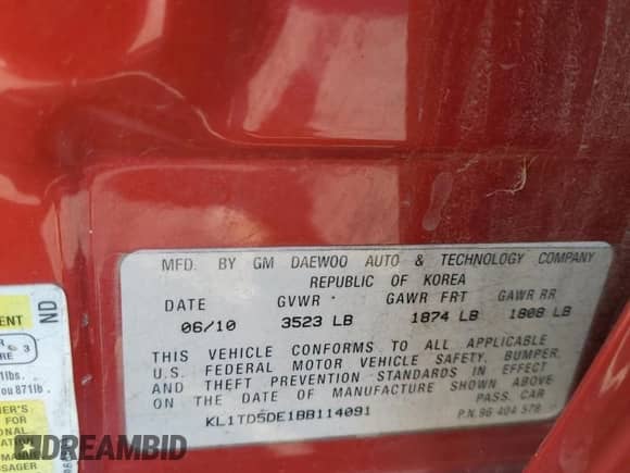 2011 Chevrolet Aveo 1LT with VIN KL1TD5DE1BB114091, listed as a Copart auction lot 75846454 with 110,625 mi miles and Salvage title. Bid and sale history available at DreamBid. Image 12.