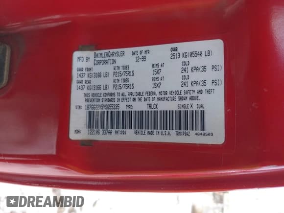 ✅ 2000 Dodge Dakota SLT • VIN: 1B7GG22X5YS655335 • Lot: 41275339. Wystawiony na IAAI z przebiegiem 132 121 mil. Bezpłatny archiwum sprzedaży aukcyjnych z USA i szczegółowy raport historii pojazdu na DreamBid. Zdjęcie 9.