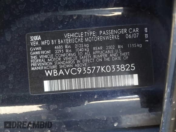 ✅ 2007 BMW 3 Series 328xi • VIN: WBAVC93577K033825 • Lot: 43826777. Listed on IAAI with 92,226 mi. Free auction sales archive from the USA and detailed vehicle history report at DreamBid. Image 9.