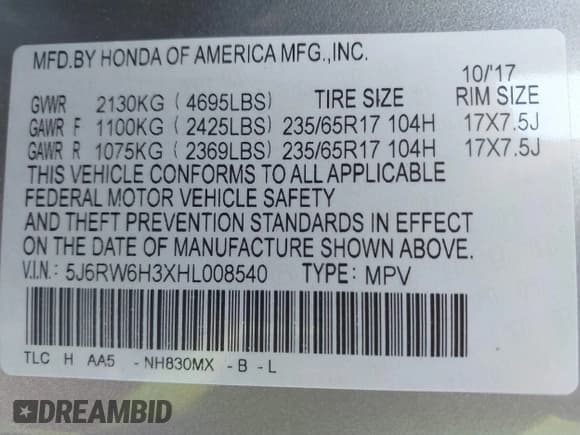 ✅ 2017 Honda CR-V LX • VIN: 5J6RW6H3XHL008540 • Lot: 41818460. Listed on IAAI with 52,977 mi. Free auction sales archive from the USA and detailed vehicle history report at DreamBid. Image 9.