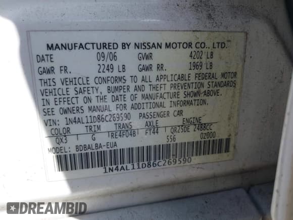 ✅ 2006 Nissan Altima S • VIN: 1N4AL11D86C269590 • Lot: 43548695. Listed on IAAI with 147,922 mi. Free auction sales archive from the USA and detailed vehicle history report at DreamBid. Image 9.