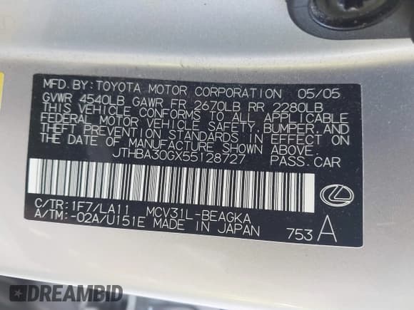 ✅ 2005 Lexus ES 350 • VIN: JTHBA30GX55128727 • Lot: 41869624. Listed on IAAI with 181,230 mi. Free auction sales archive from the USA and detailed vehicle history report at DreamBid. Image 9.