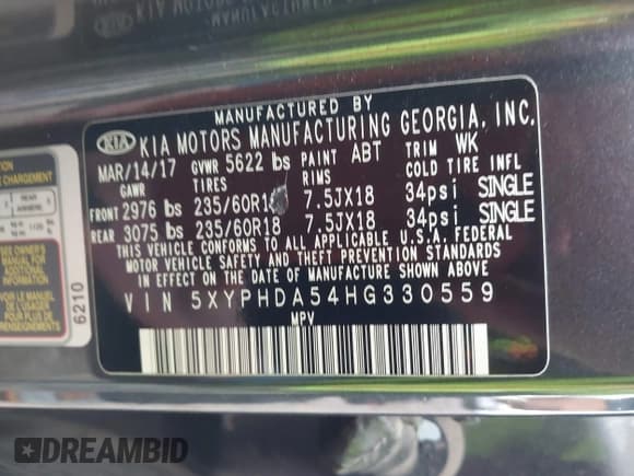 ✅ 2017 Kia Sorento EX • VIN: 5XYPHDA54HG330559 • Lot: 43380832. Listed on IAAI with 113,563 mi. Free auction sales archive from the USA and detailed vehicle history report at DreamBid. Image 9.