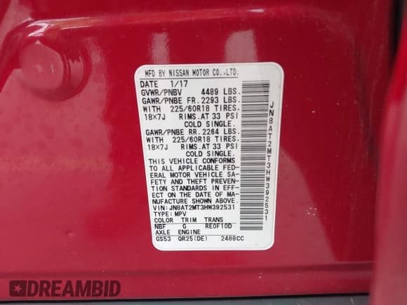 ✅ 2017 Nissan Rogue SV • VIN: JN8AT2MT3HW392531 • Lot: 42700100. Listed on IAAI with 182,730 mi. Free auction sales archive from the USA and detailed vehicle history report at DreamBid. Image 9.