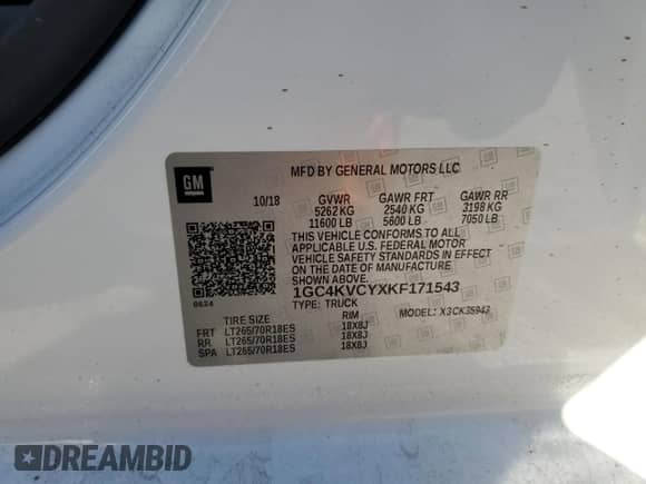 2019 Chevrolet Silverado 3500HD Work Truck с VIN 1GC4KVCYXKF171543, выставлен на аукционе Copart как лот 84349874 с пробегом 104 180 миль миль и Списание • Salvage title. История ставок и продаж доступна на DreamBid. Изображение 12.